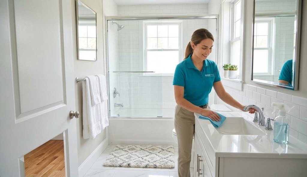 PGH Shine Pro cleaner wiping down a bright bathroom sink