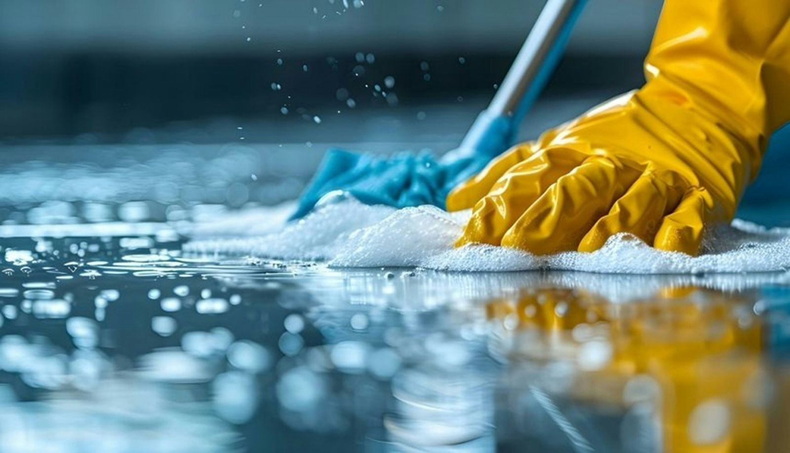 Gloved hand scrubbing a soapy floor with a microfiber mop